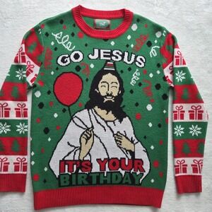 7Stars Ugly Christmas Holiday Sweater Go‎ Jesus Its Your Birthday Knit XS